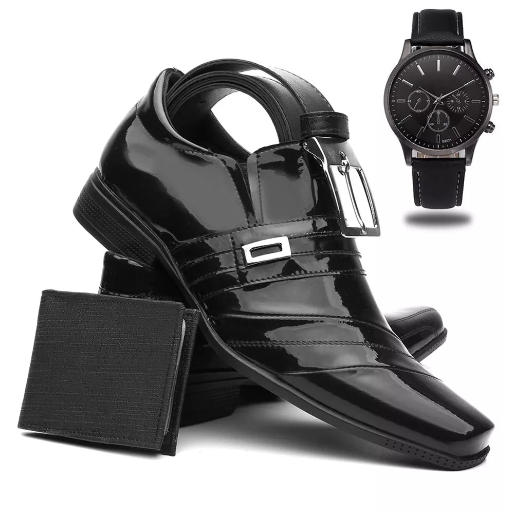 Kit 4 Item (Sapato Social Masculino Verniz + Cinto + Carteira + Relógio de Ponteiro)
