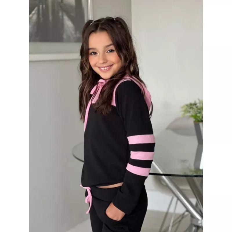 Conjunto Moletom infantil juvenil bicolor com capuz ( 04 ao 14 ) Tendência Outono e inverno
