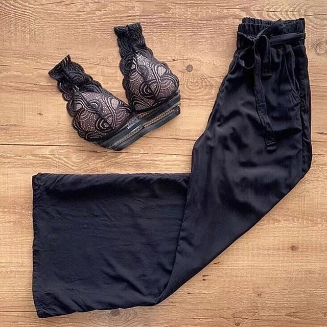 Calça Feminina Pantalona Cintura Alta Bolsos Forro Cinto Viscolinho