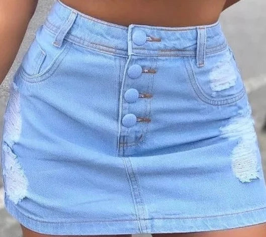 saia jeans com botoes encapados