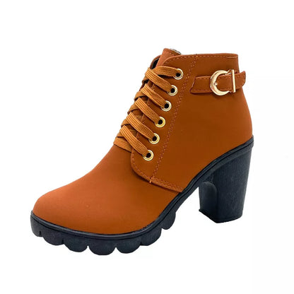 Moda Feminina Salto Alto Lace Up Side Zipper Buckle Ankle Boots De Camurça Sapatos