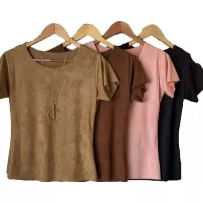 Blusa Suede T-shirt Manga Curta aveludada Feminina Corte à Laser