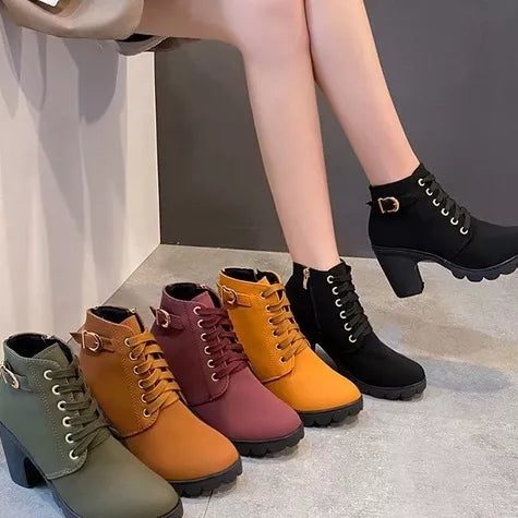 Moda Feminina Salto Alto Lace Up Side Zipper Buckle Ankle Boots De Camurça Sapatos
