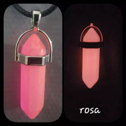 Colar de pedra hexagonal fluorescente luminosa, colar com pingente de couro, de cristal natural brilhante no escuro, pedra de bala