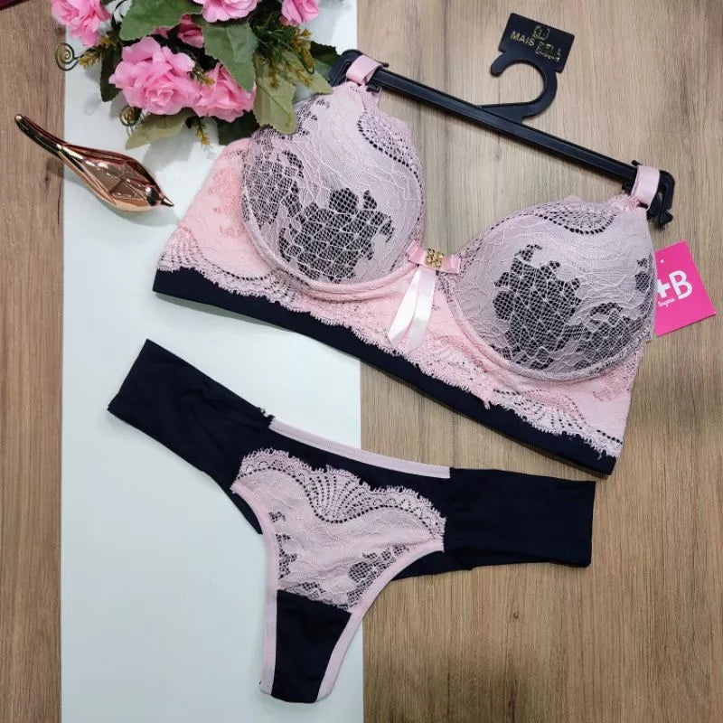 Conjunto Lingerie Renda/Rendado Bicolor Com Calcinha Fio Duplo - Moda Íntima