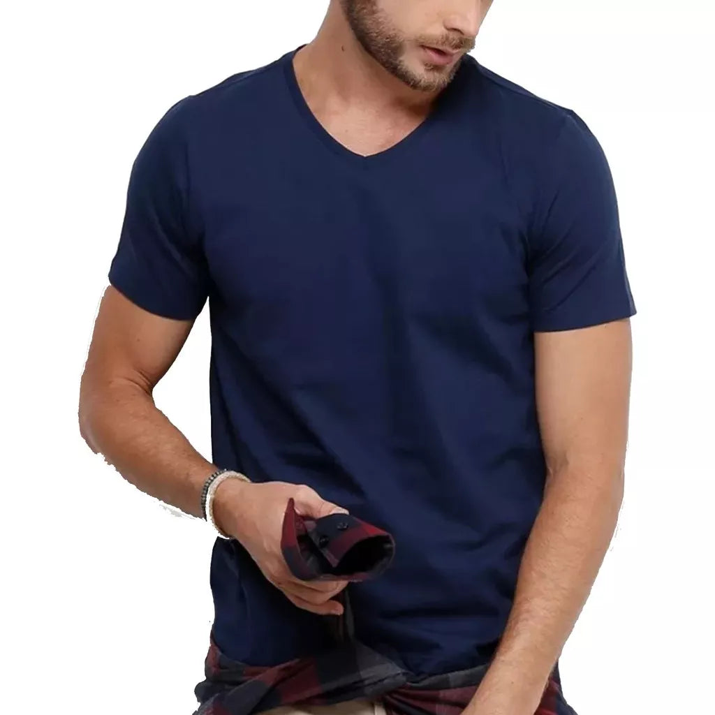 Camiseta masculina com decote em V malha 100%algodão gold