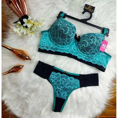 Conjunto Lingerie Renda/Rendado Bicolor Com Calcinha Fio Duplo - Moda Íntima