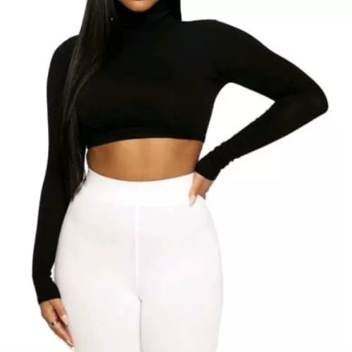 Cropped Feminino Suplex Liso Gola Alta Manga Longa