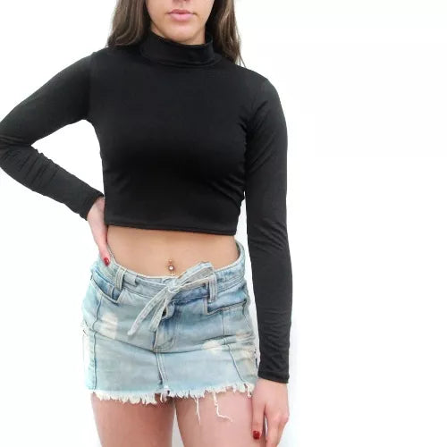 Cropped Feminino Suplex Liso Gola Alta Manga Longa