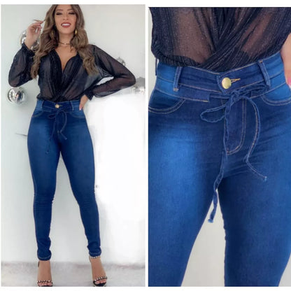 Calça jeans feminina com lycra cós alto cintura alta levanta bumbum premium