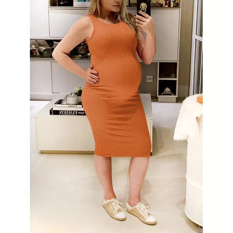 Vestido Midi Canelado Regata para gestante