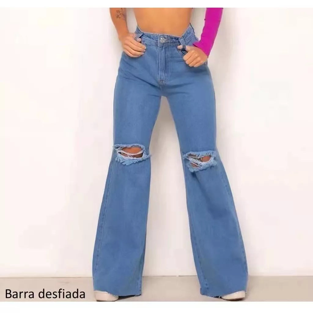 Calça Jeans Rasgada Feminina Pantalona Sem Lycra Wide Leg Calça Cintura Alta