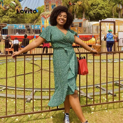 Lovito Boho Vestido de Bolinha Com Fenda e Decote V Profundo com Renda L12014 (Verde/Preto)