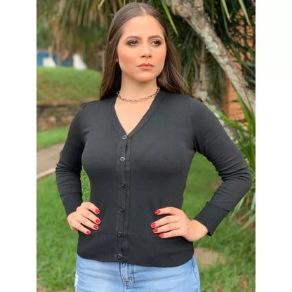 Casaco De Frio Cardigan Básico De Elastano Tricot Botões Casaquinho Inverno