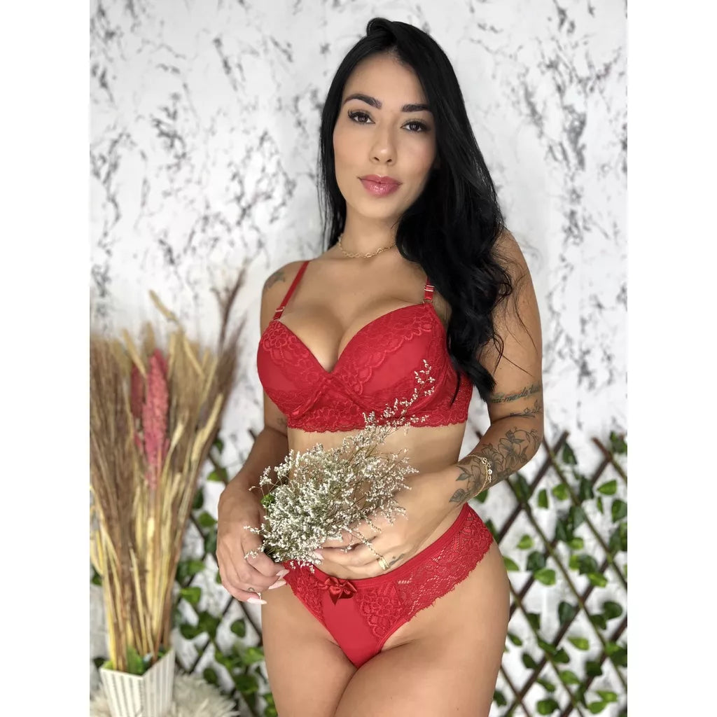 Conjunto com Bojo Bella Sutiã Calcinha Lingerie Fio Dental Sexy Sensual Renda