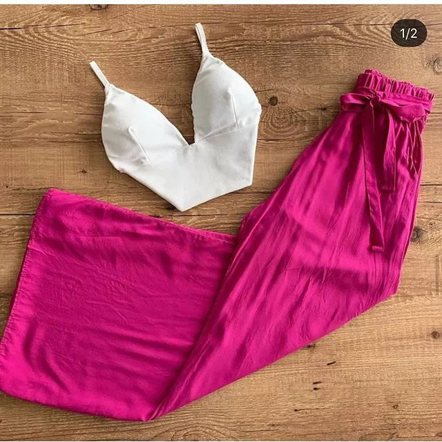 Calça Feminina Pantalona Cintura Alta Bolsos Forro Cinto Viscolinho