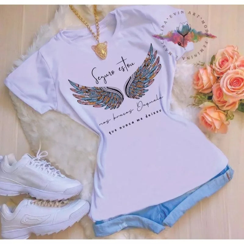 Blusa T-shirt Feminina Seguro Estou Moda Evangélica Asas Tumblr