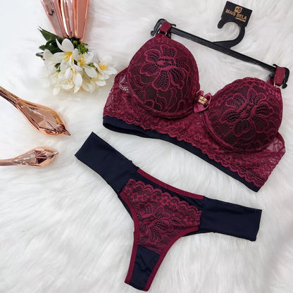 Conjunto Lingerie Renda/Rendado Bicolor Com Calcinha Fio Duplo - Moda Íntima