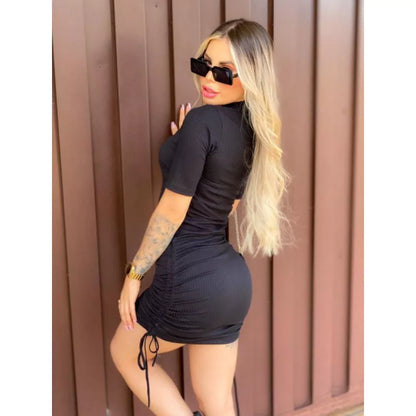 Vestido Com Manguinha Franzido Drapeado Lateral com Amarras Canelado Midi Tendência Modinha Blogueira Gringa