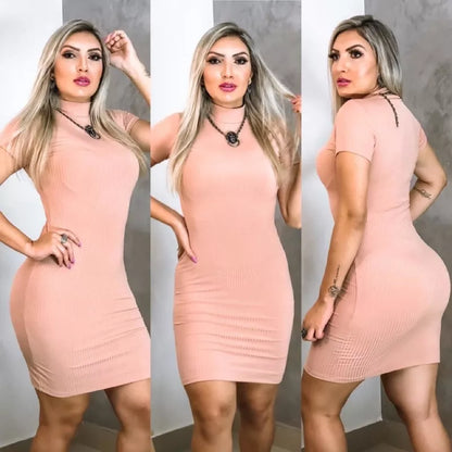 Vestido Tubinho Feminino Canelado Gola Alta Manga Curta Modelo Insta blogueiras tumblr Moda Vestido Tubinho