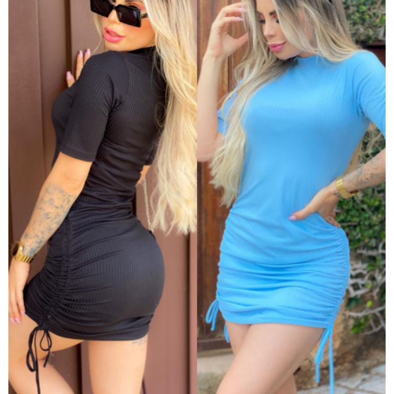 Vestido Com Manguinha Franzido Drapeado Lateral com Amarras Canelado Midi Tendência Modinha Blogueira Gringa