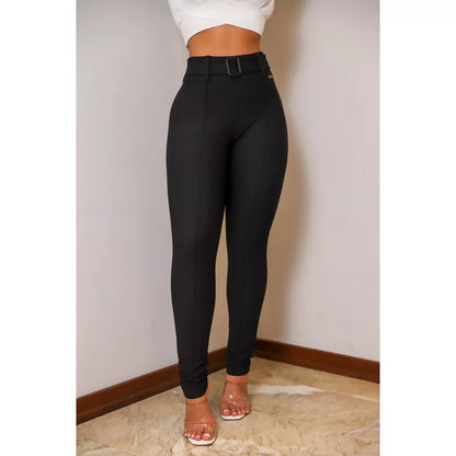 Calça Feminina Com Cinto Tecido Jacquard Xadrez cintura alta