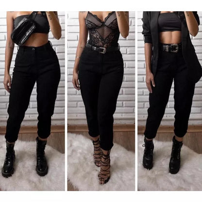 Calça mom jeans cintura alta feminina calça vintage barrinha dobrada