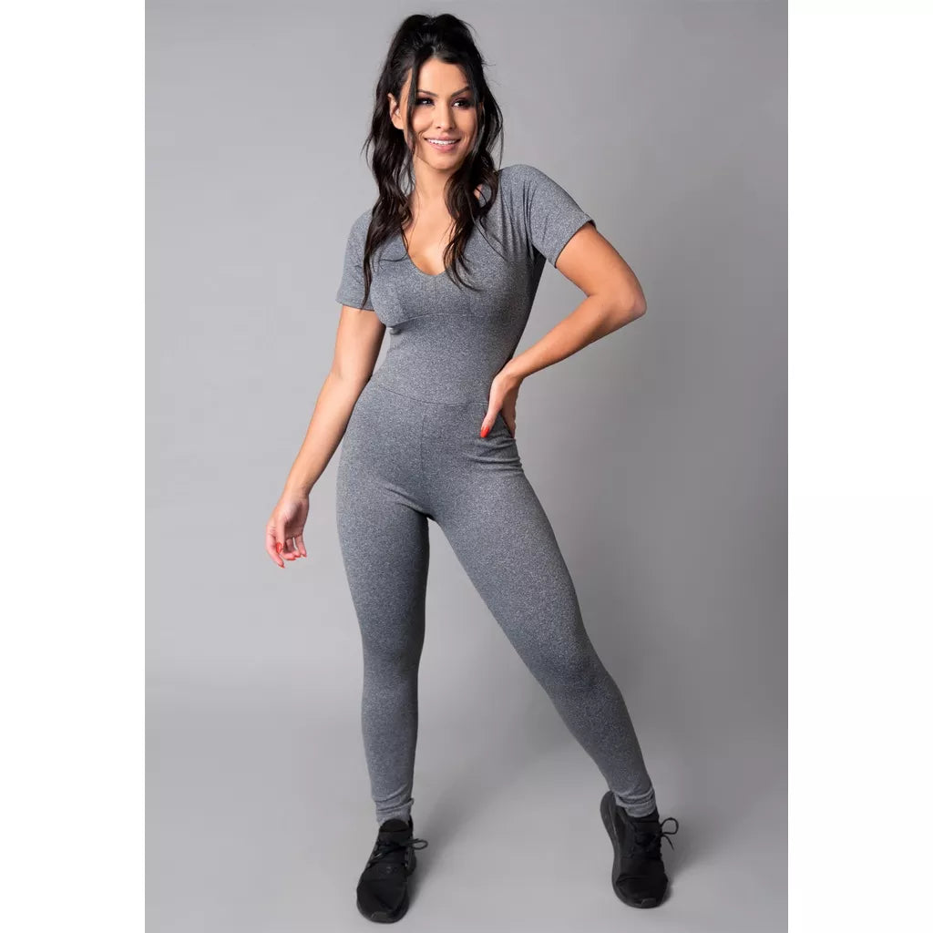 Macacão Longo Feminino Manga Curta Costa Fechada Fitness Suplex