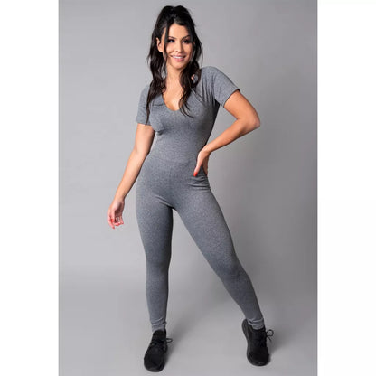 Macacão Longo Feminino Manga Curta Costa Fechada Fitness Suplex