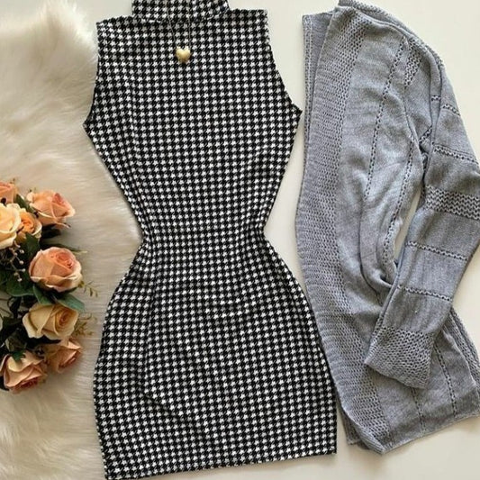 Vestido feminino gola alta cavado sem manga curtinho pied poule canelado tubinho