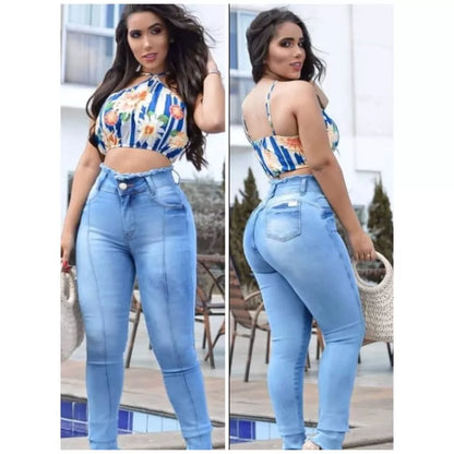 Calça jeans feminina com lycra cós alto cintura alta levanta bumbum premium