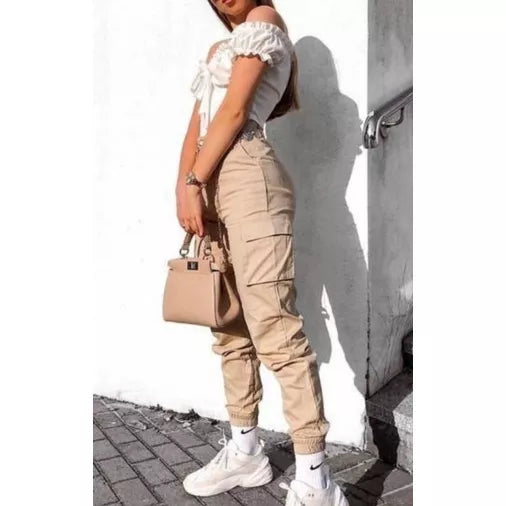 Calça Feminina Jogger Cargo Sarja Com Bolso Moda Blogueira Tendência