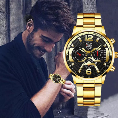 Relógio De Luxo Ouro Masculino Original Cronógrafo De Quartzo De À Prova D'água Negócios Relogio Masculino Dourado Com Pulseira Kit