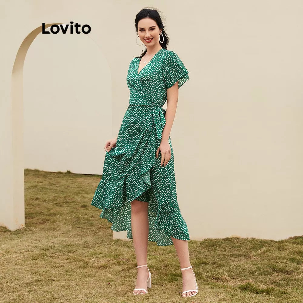 Lovito Boho Vestido de Bolinha Com Fenda e Decote V Profundo com Renda L12014 (Verde/Preto)