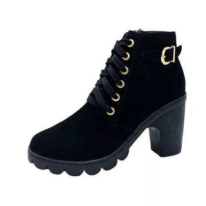 Moda Feminina Salto Alto Lace Up Side Zipper Buckle Ankle Boots De Camurça Sapatos