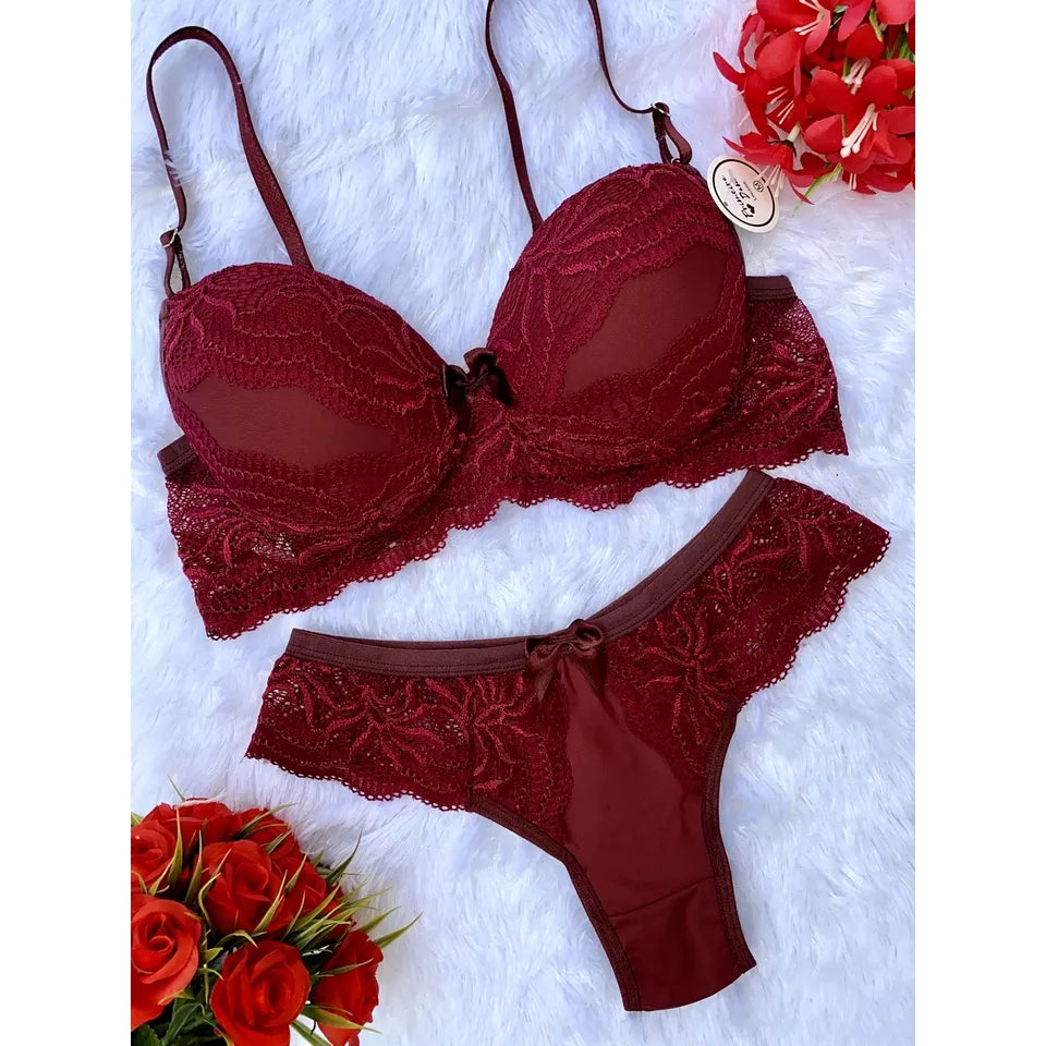 Conjunto com Bojo Bella Sutiã Calcinha Lingerie Fio Dental Sexy Sensual Renda