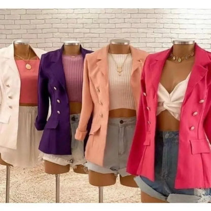 Blazer Feminino Casaquinho Maxi Longo Sobretudo Alfaiataria Social Blazer Com Botão