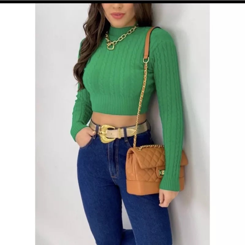 Blusa de frio tricô cropped feminina manga longa