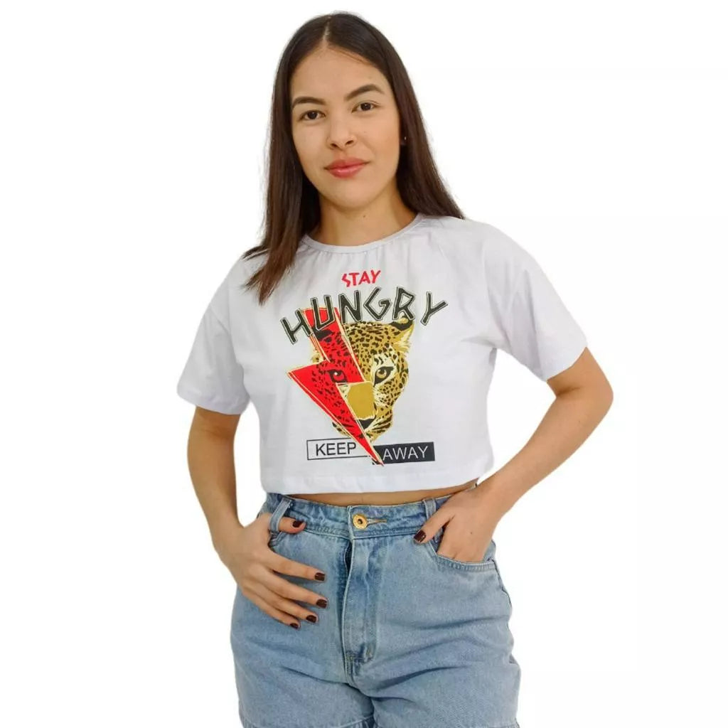 Camiseta T-shirt Cropped Oversized Estampado Moda Gringa Algodão