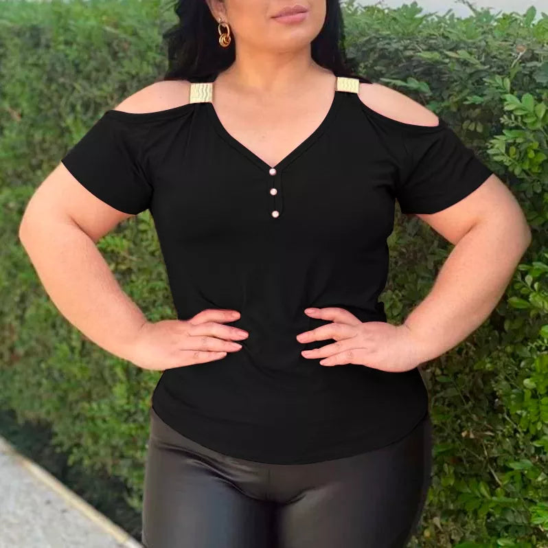 Blusa Feminina Básica Lisa com Fivela no Ombro Vazado (Ombro Fora) - Manga Curta para Primavera e Verão Viscolycra Moda - Roupas Femininas