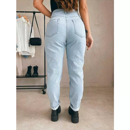 Calça mom jeans cintura alta feminina calça vintage barrinha dobrada