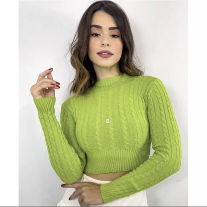 Blusa de frio tricô cropped feminina manga longa