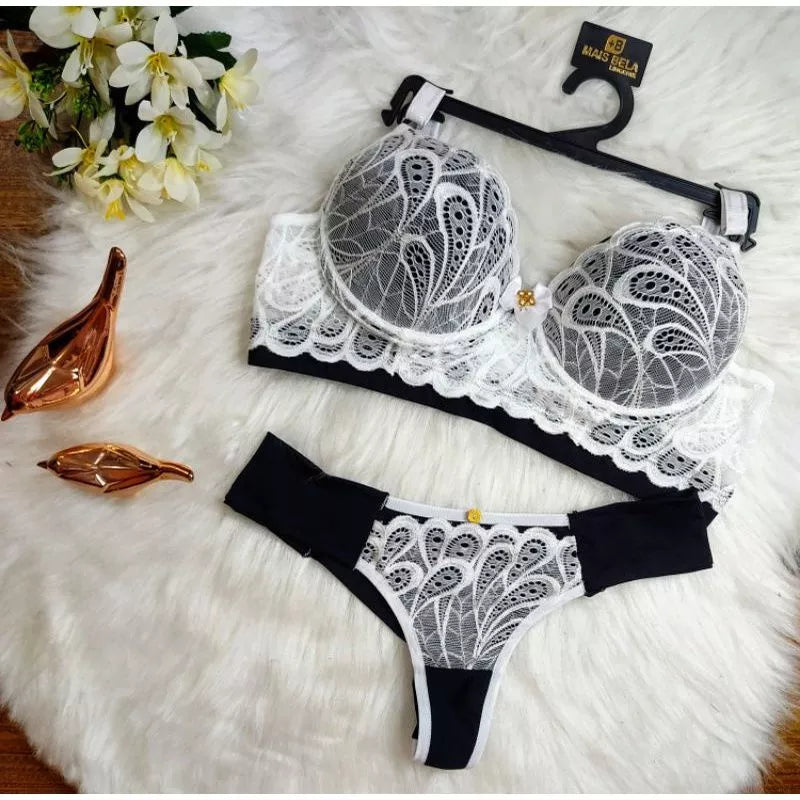 Conjunto Lingerie Renda/Rendado Bicolor Com Calcinha Fio Duplo - Moda Íntima