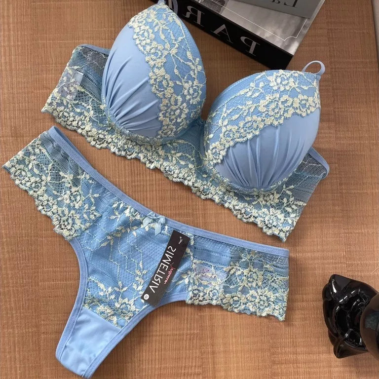 Conjunto Lingerie Rendado Bicolor Com Calcinha Fio - Moda Íntima