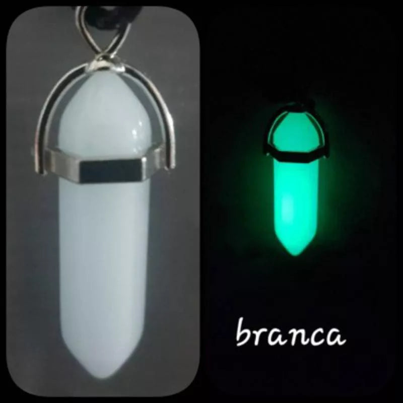 Colar de pedra hexagonal fluorescente luminosa, colar com pingente de couro, de cristal natural brilhante no escuro, pedra de bala