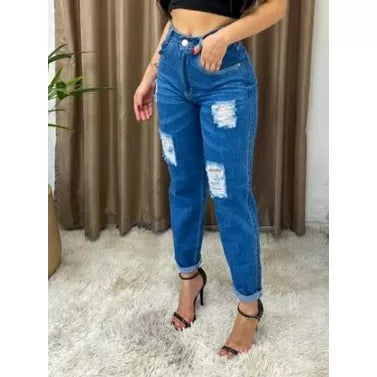 Calça mom jeans cintura alta feminina calça vintage barrinha dobrada