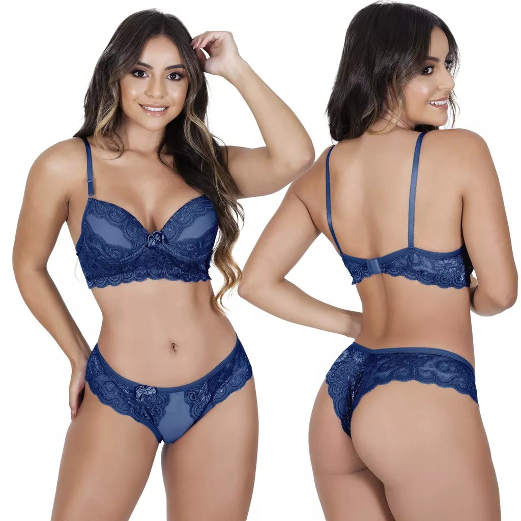 Conjunto com Bojo Bella Sutiã Calcinha Lingerie Fio Dental Sexy Sensual Renda