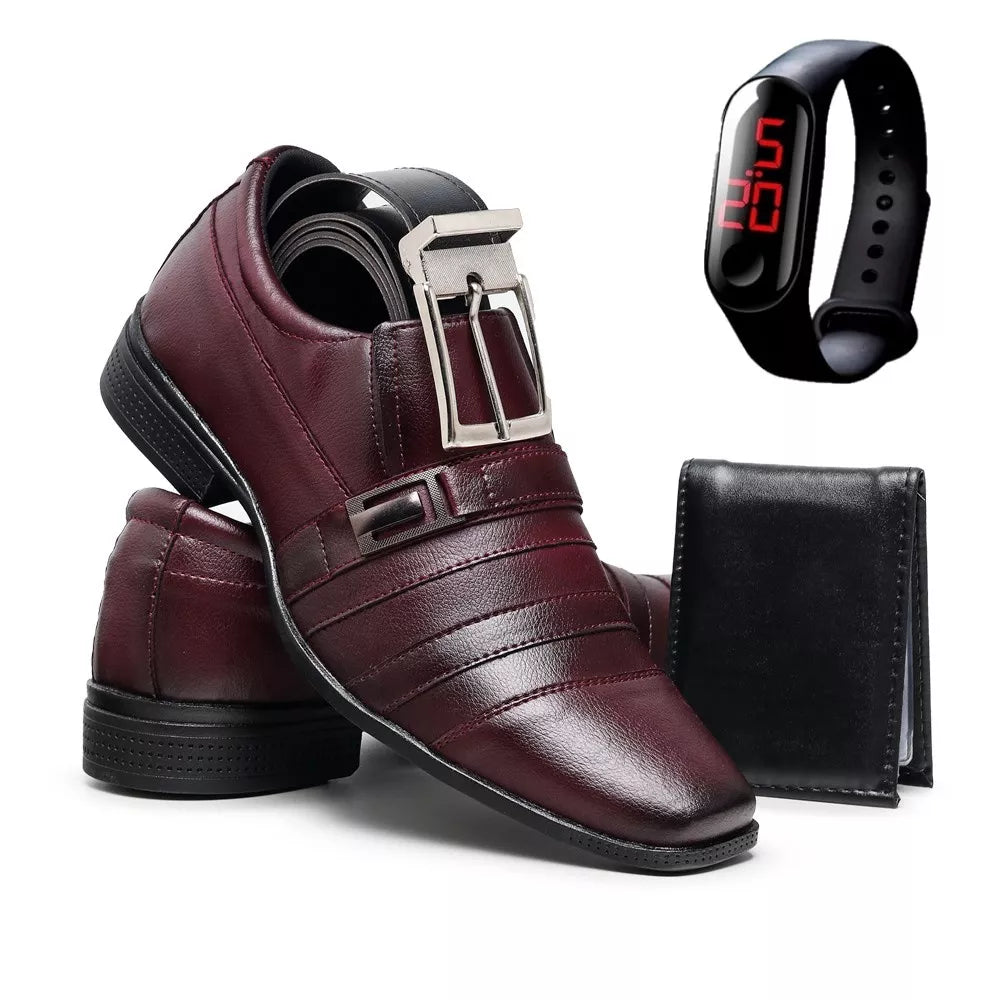 Kit Sapato Masculino Social Elegante Confortável com Relógio Carteira e Cinto