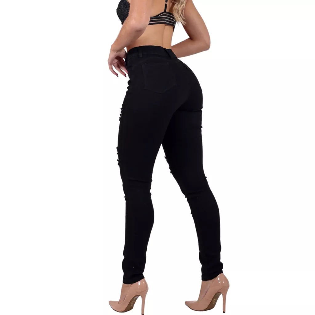 Calça Preta Rasgada Feminina Jeans Cintura Alta Hot Pants Skinny com Lycra Levanta Bumbum