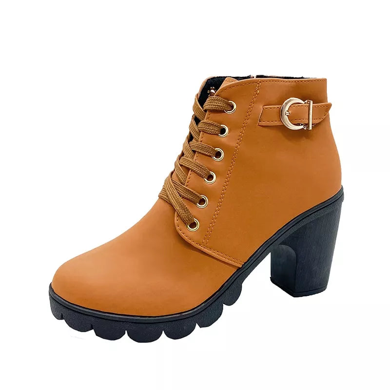 Moda Feminina Salto Alto Lace Up Side Zipper Buckle Ankle Boots De Camurça Sapatos
